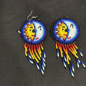 Handmade Huichol Beaded Waterfall Earrings, 'Wirikuta Eclipse in blue